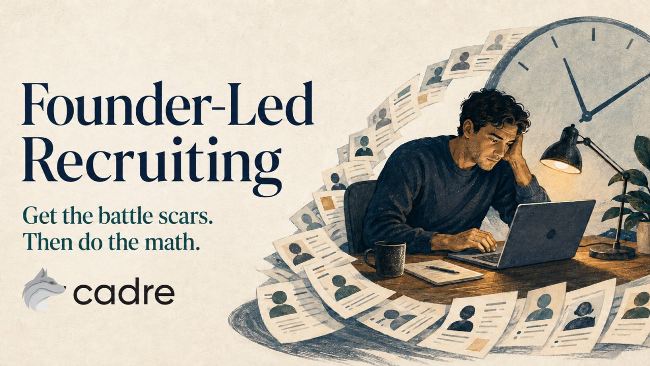 Founder-led recruiting: get the battle scars, then do the math &mdash; a founder at a laptop surrounded by a spiral of candidate profiles